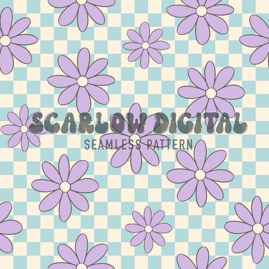 Retro Floral Seamless Pattern Sublimation Digital Design Download, checkered seamless, hippie seamless, retro seamless, floral seamless