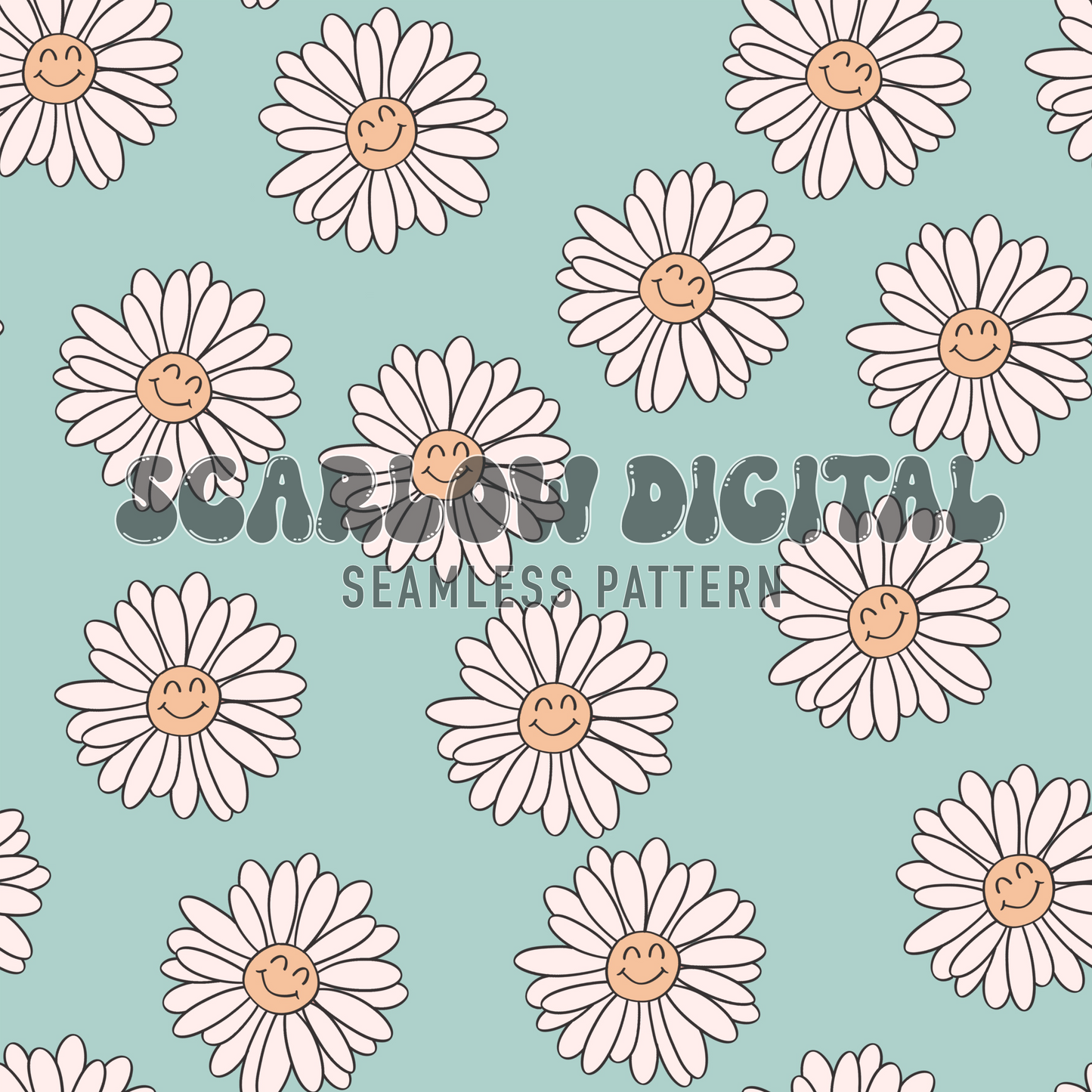 Happy Flowers Seamless Pattern-Boho Sublimation Digital Design Download-summer florals seamless file, smiling seamless, daisy seamless file