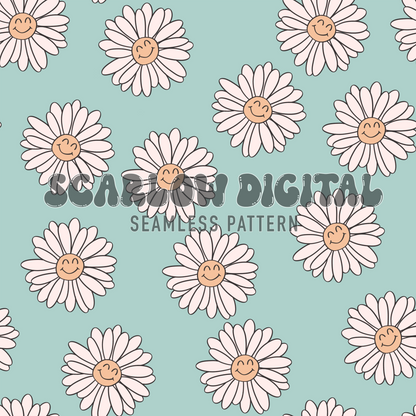 Happy Flowers Seamless Pattern-Boho Sublimation Digital Design Download-summer florals seamless file, smiling seamless, daisy seamless file