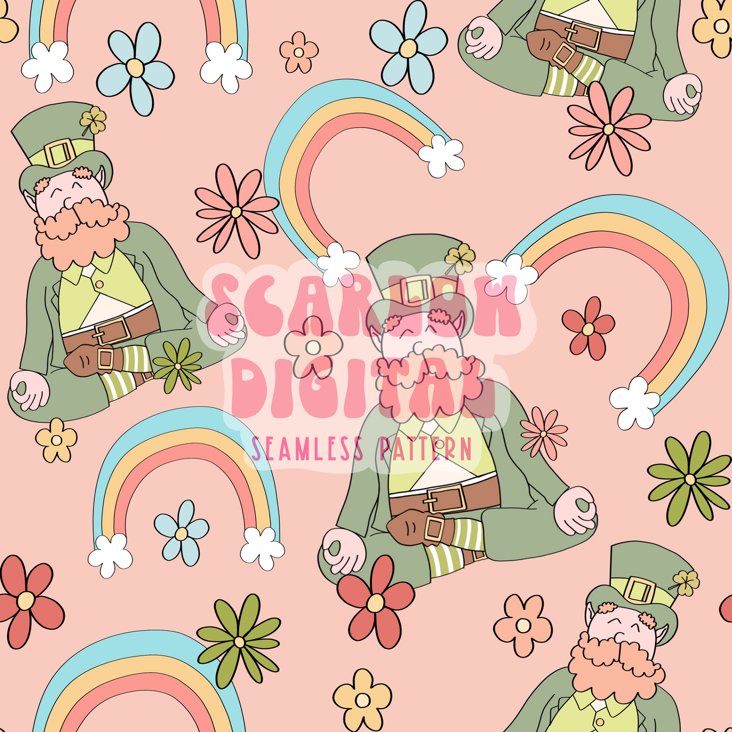 Meditating Leprechaun Seamless Pattern-Saint Patty's Day Sublimation Digital Design Download-lucky seamless file, clover seamless pattern