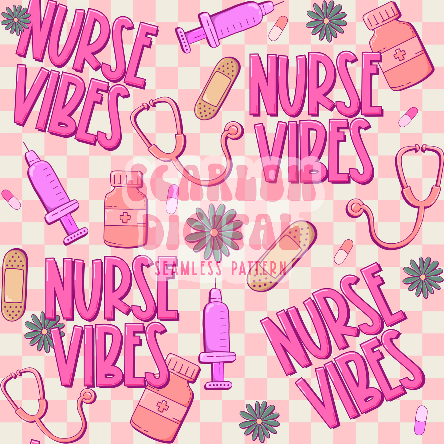 Nurse Vibes Seamless Pattern Digital Design Download, registered nurse seamless file, floral nurse seamless pattern, repeating fabric files