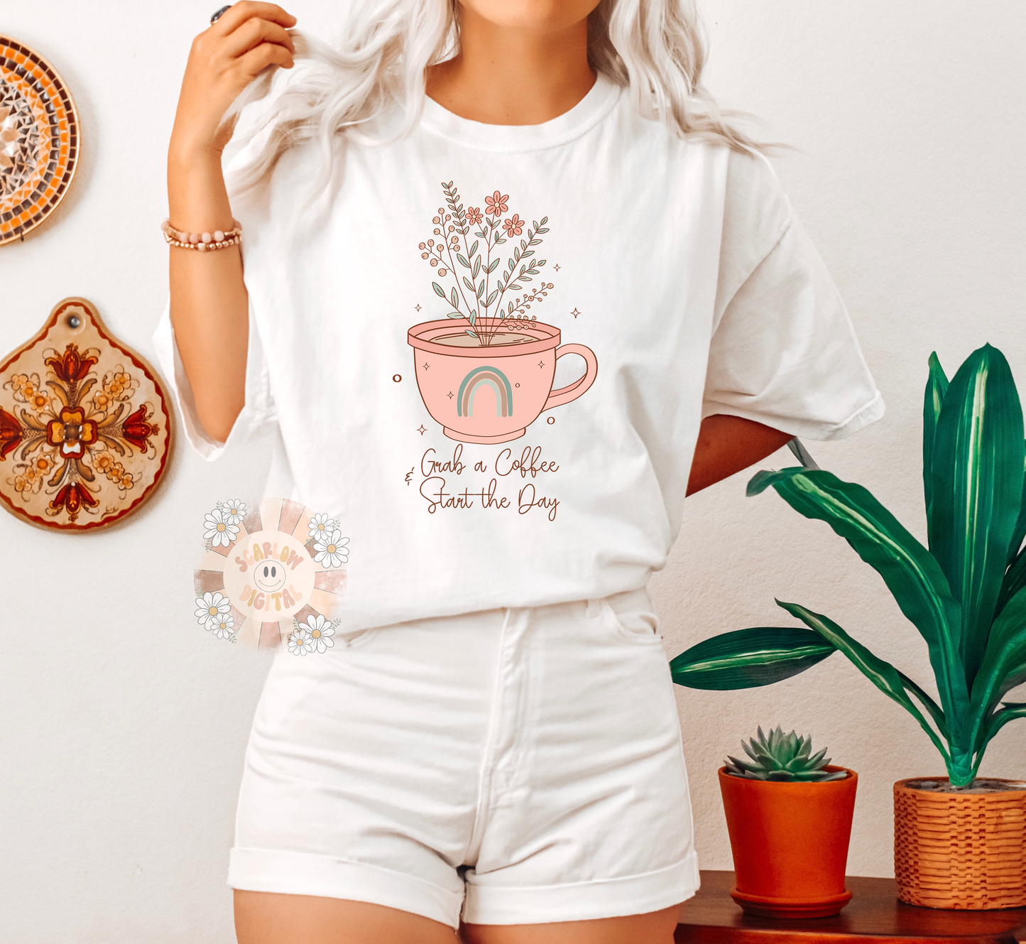 Grab a Coffee and Start the Day PNG-Floral Sublimation Digital Design Download-boho rainbow png, flowers png, inspirational png, boho png