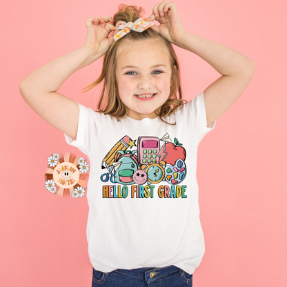 Hello First Grade PNG-Back to School Sublimation Digital Design Download-first grader png, retro png, trendy png, unisex png, education png