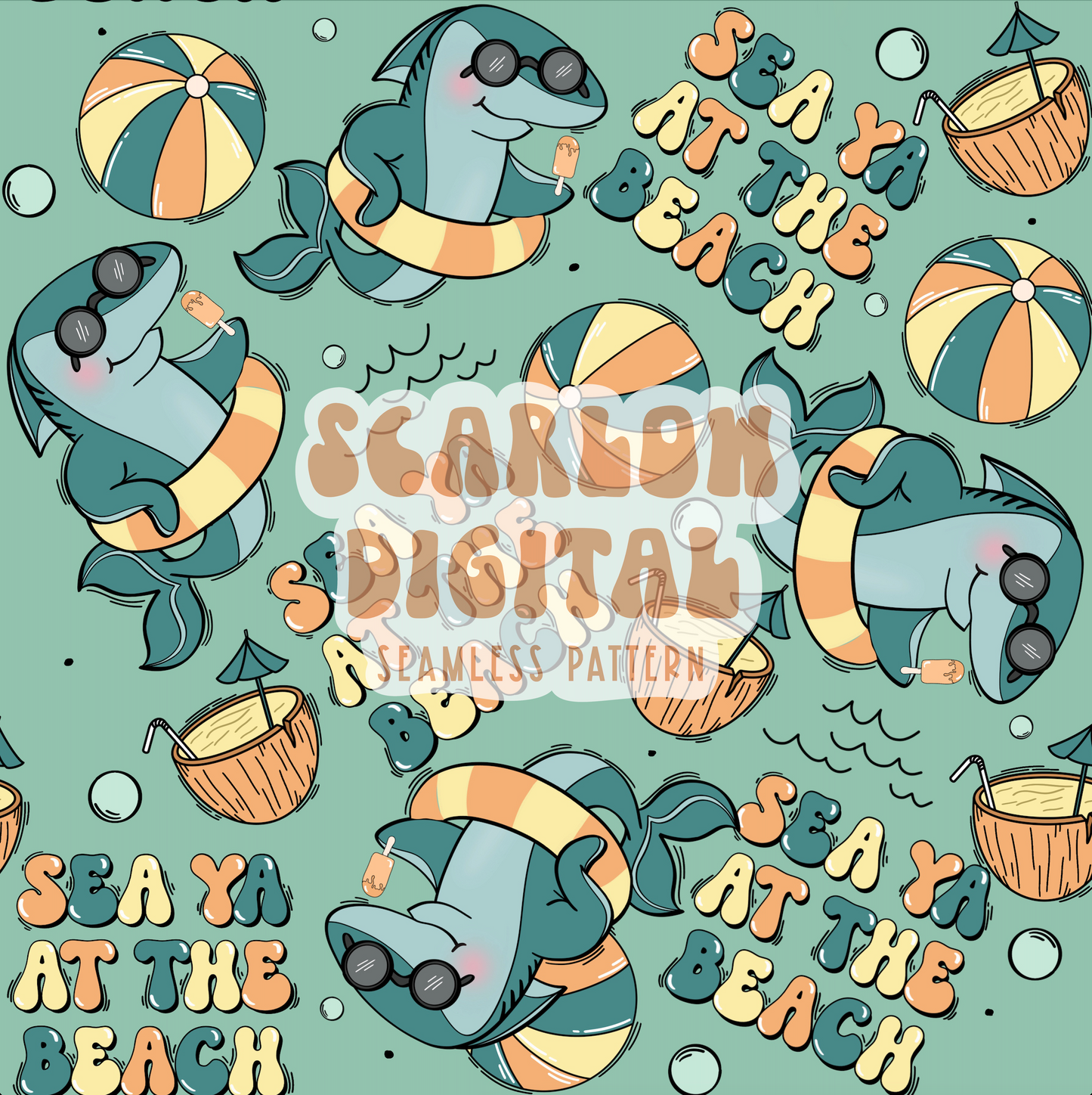 Sea Ya at the Beach Seamless Pattern-Summer Sublimation Digital Design Download-shark seamless file, boy seamless file, summer boy seamless