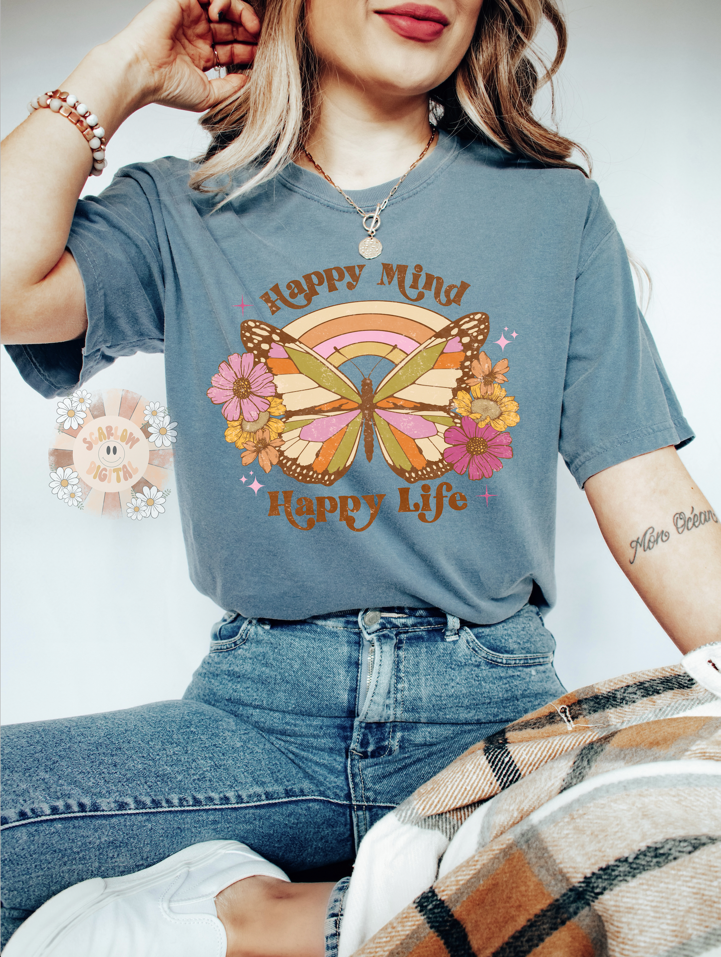 Happy Mind Happy Life PNG-Positive Sublimation Digital Design Download-flowers png, butterfly png, inspirational png, hippie png, boho png