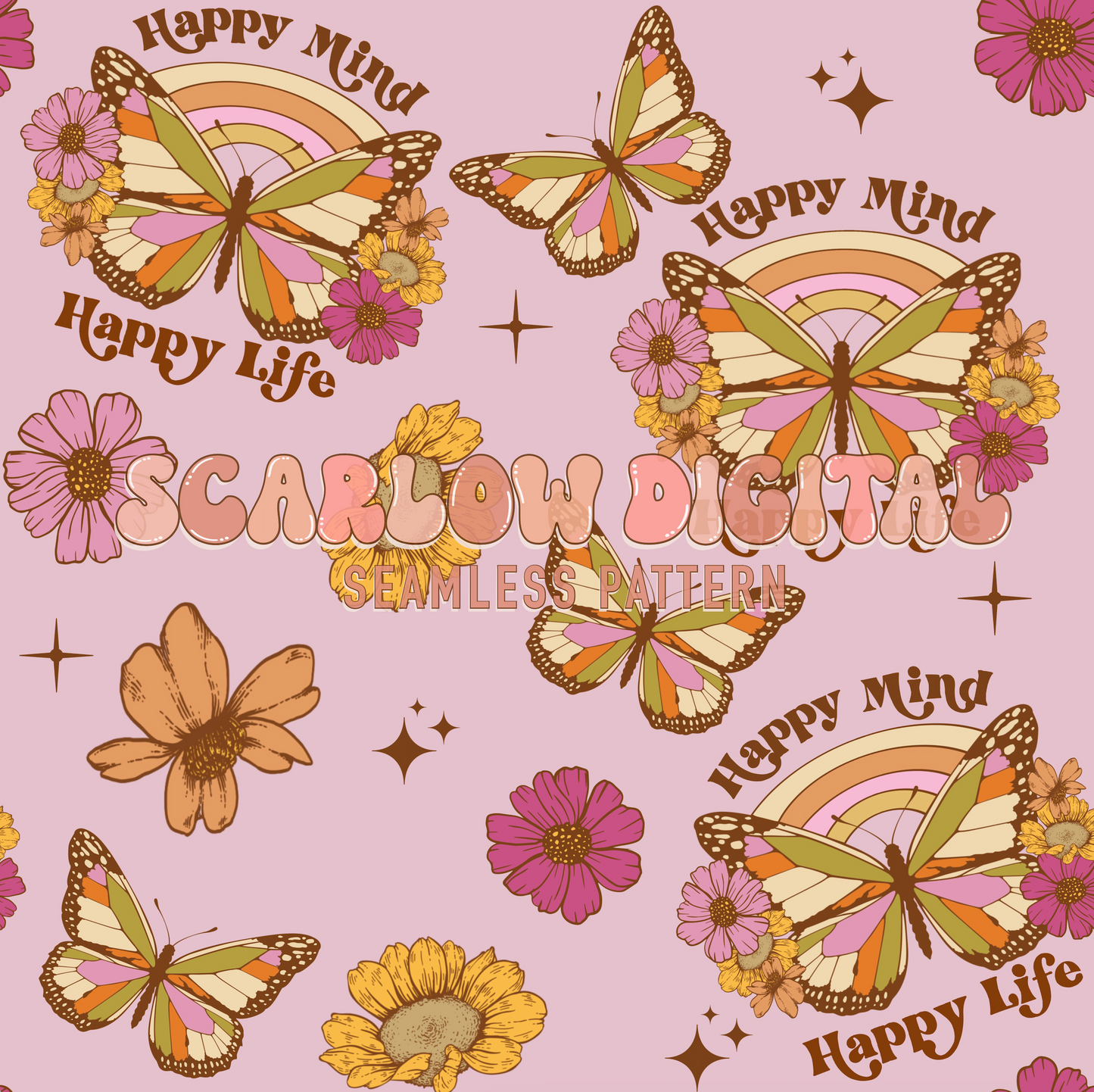 Happy Mind Happy Life Seamless Pattern-Boho Sublimation Digital Design Download-butterfly seamless, flowers seamless, daisy seamless pattern