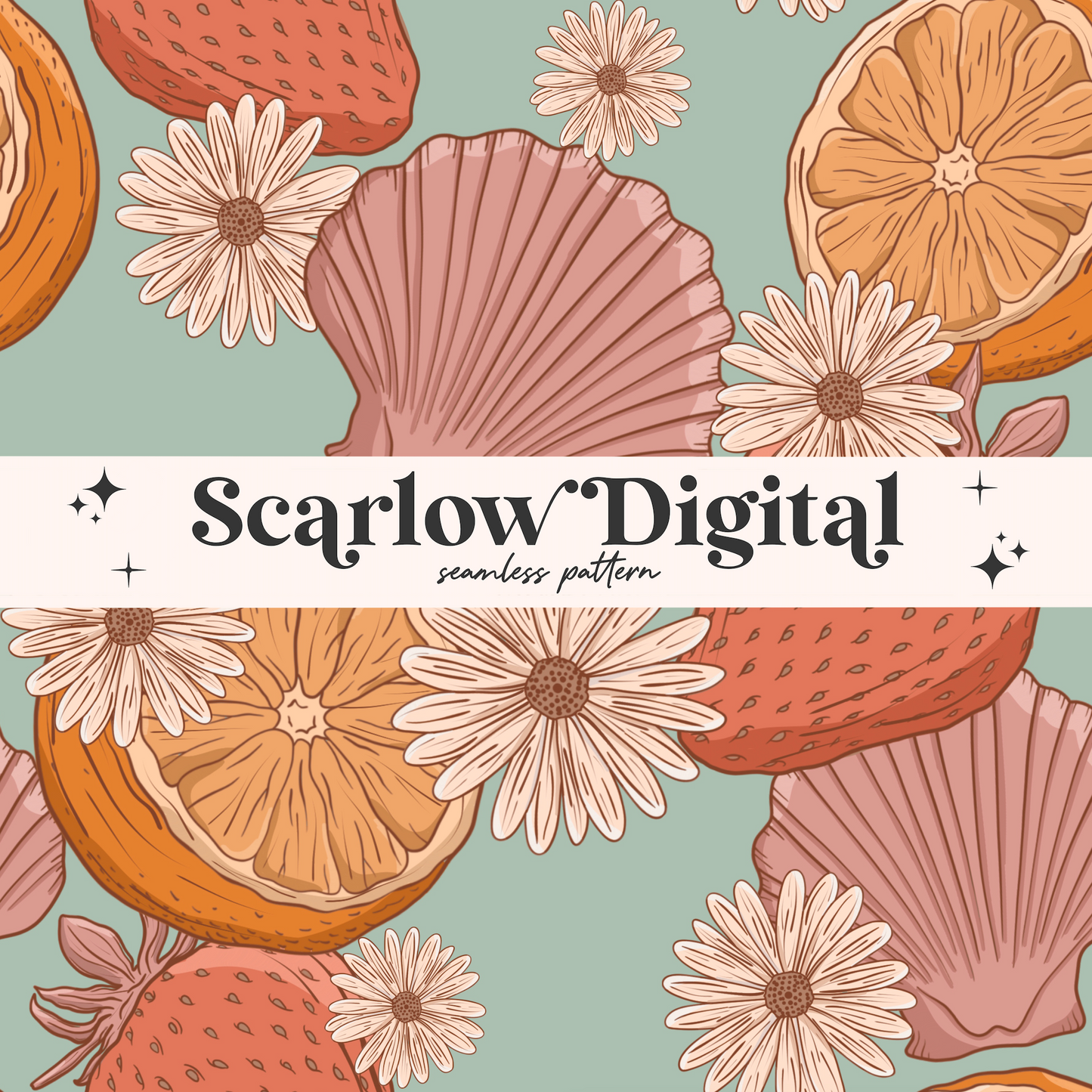 Summer Seamless Pattern-Fruit Sublimation Digital Design Download-sea shells seamless pattern, fruit seamless file, flowers seamless pattern