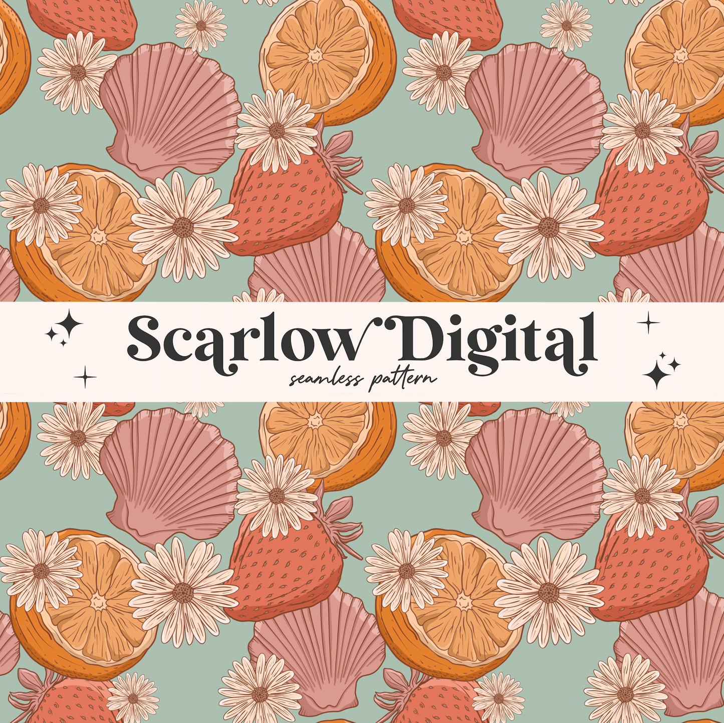 Summer Seamless Pattern-Fruit Sublimation Digital Design Download-sea shells seamless pattern, fruit seamless file, flowers seamless pattern