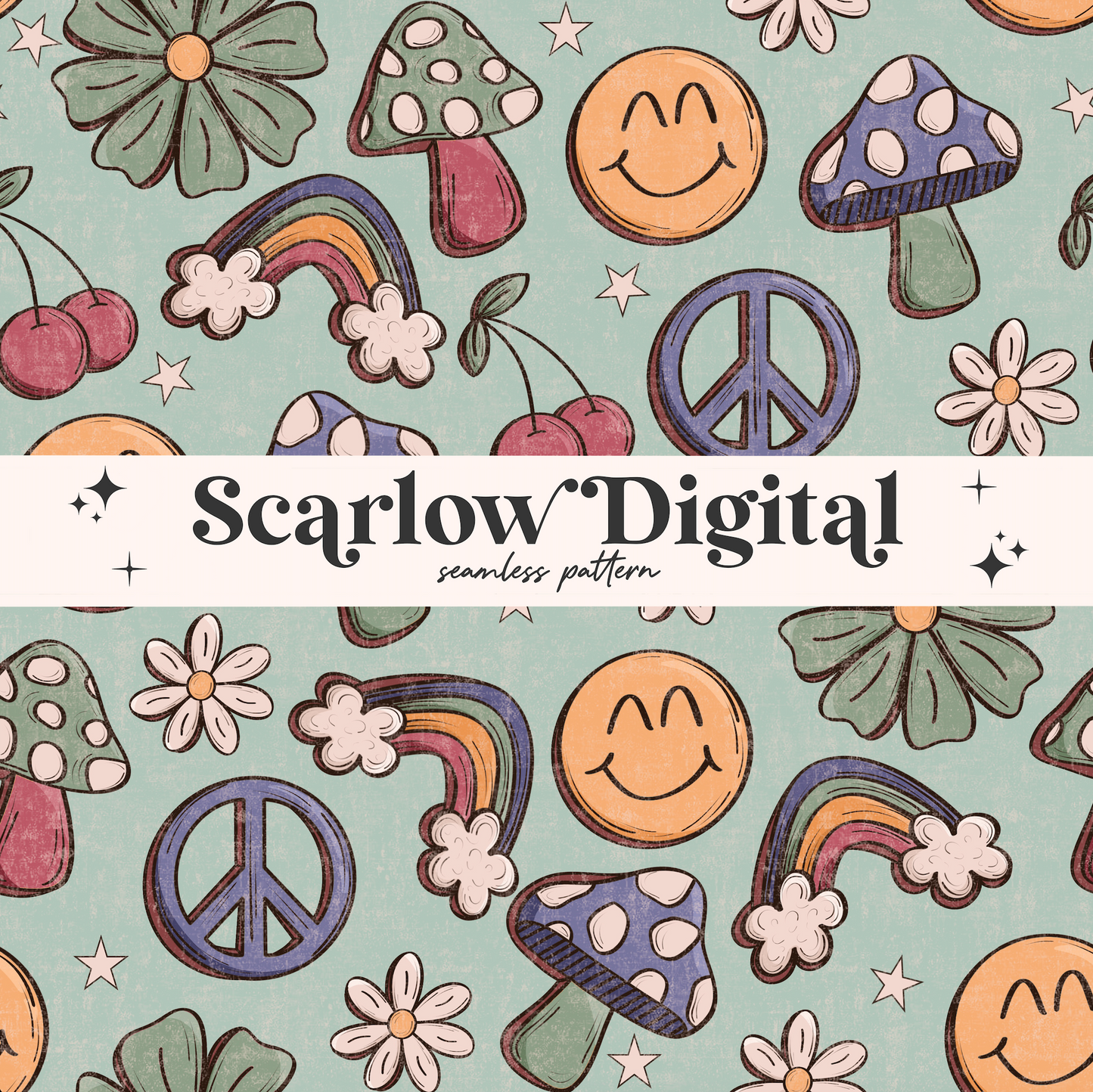 Happy Seamless Pattern-Doodles Sublimation Digital Design Download-rainbow seamless, summer seamless, floral seamless, cottage core design