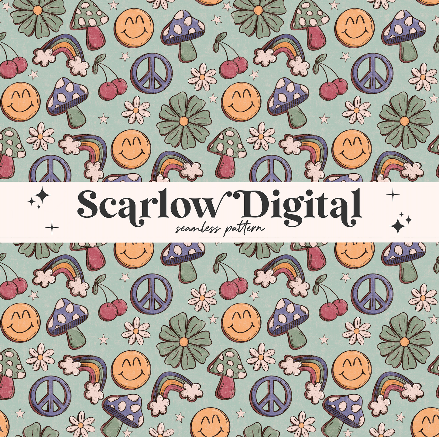 Happy Seamless Pattern-Doodles Sublimation Digital Design Download-rainbow seamless, summer seamless, floral seamless, cottage core design