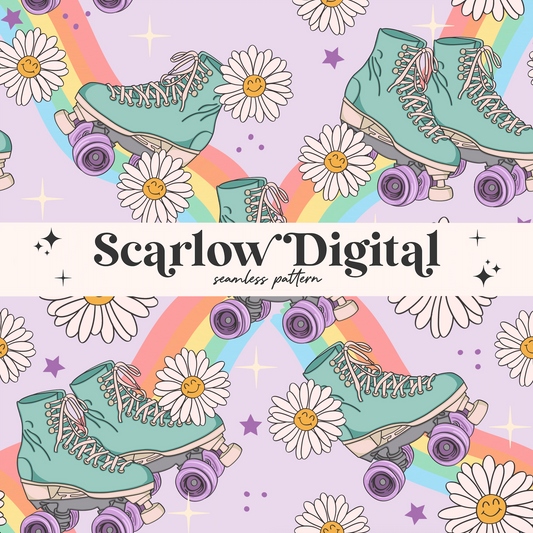 Rollerskate Seamless Pattern-Retro Sublimation Digital Design Download-skater seamless, flowers seamless, trendy seamless, rainbow seamless