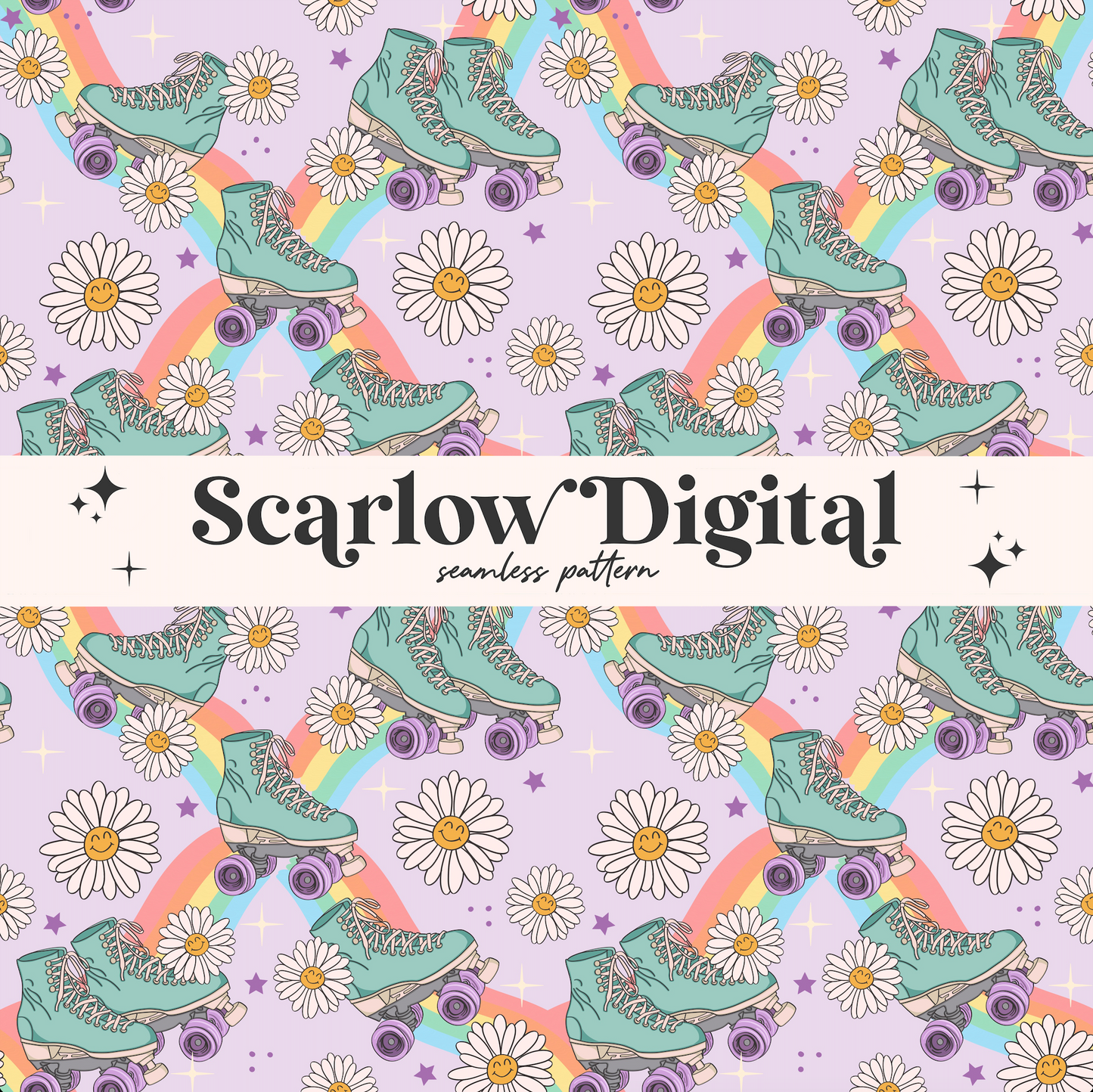 Rollerskate Seamless Pattern-Retro Sublimation Digital Design Download-skater seamless, flowers seamless, trendy seamless, rainbow seamless