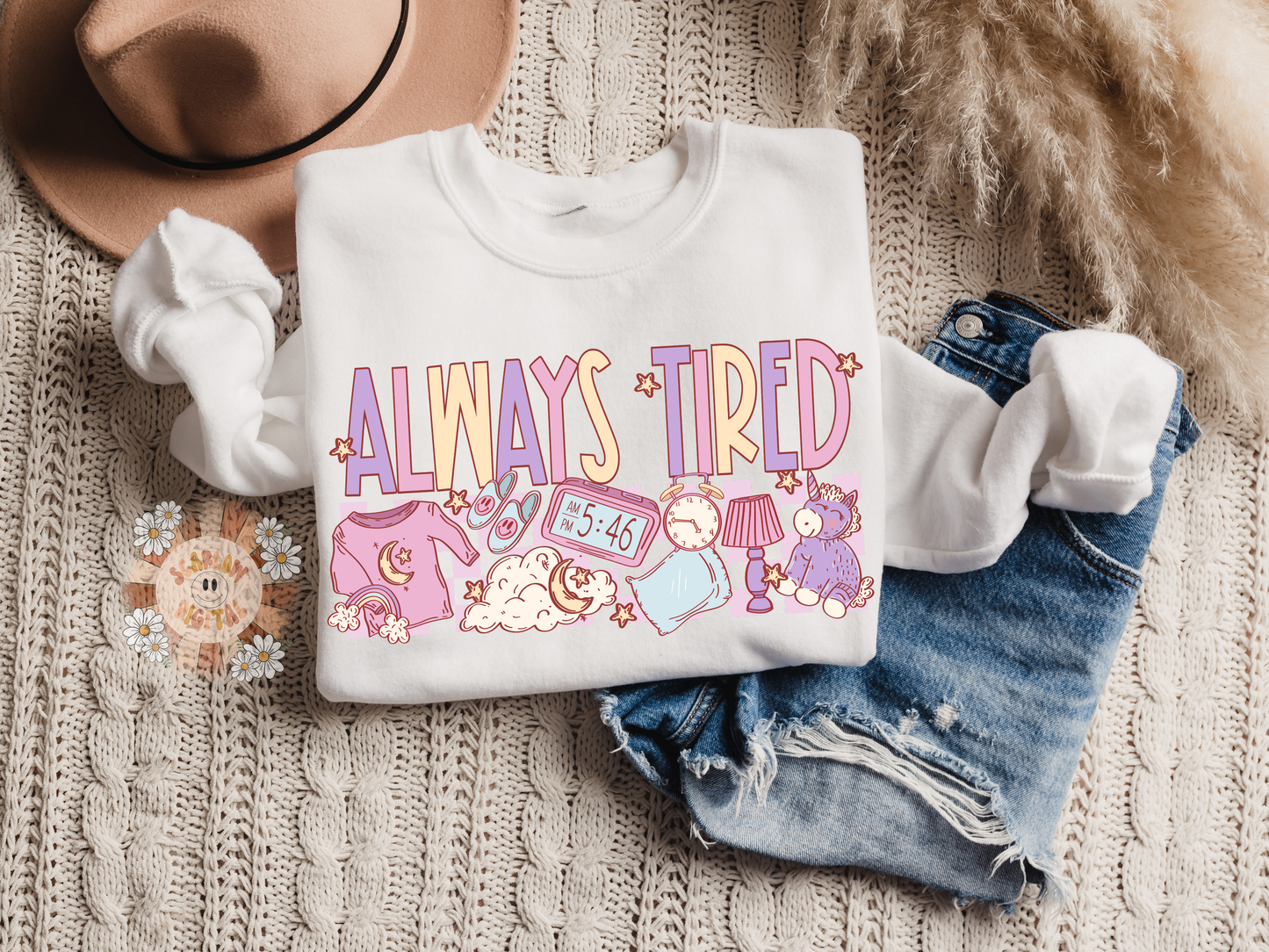 Always Tired PNG Sublimation Digital Design Download, slumber party png, pajamas png, mama png, little girl png, unicorn png, boho png