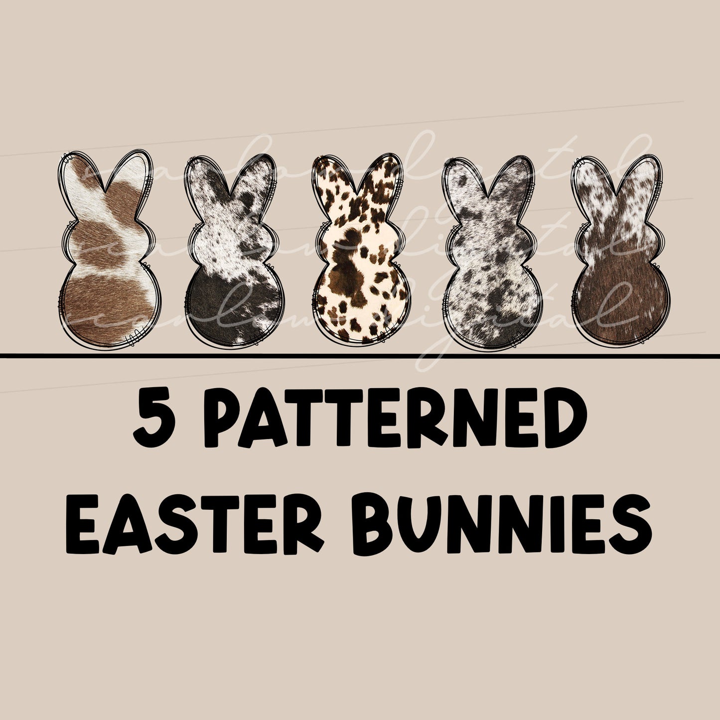 Set of Five Cowhide Easter Bunny PNG designs for Sublimation, Easter bunny design elements, Easter bunny png bundle, Easter sublimation png