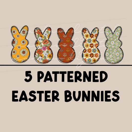 Set of Five Hippie Boho Easter Bunny PNG designs for Sublimation, Easter bunny design elements, Easter bunny bundle, Hippie boho sublimation