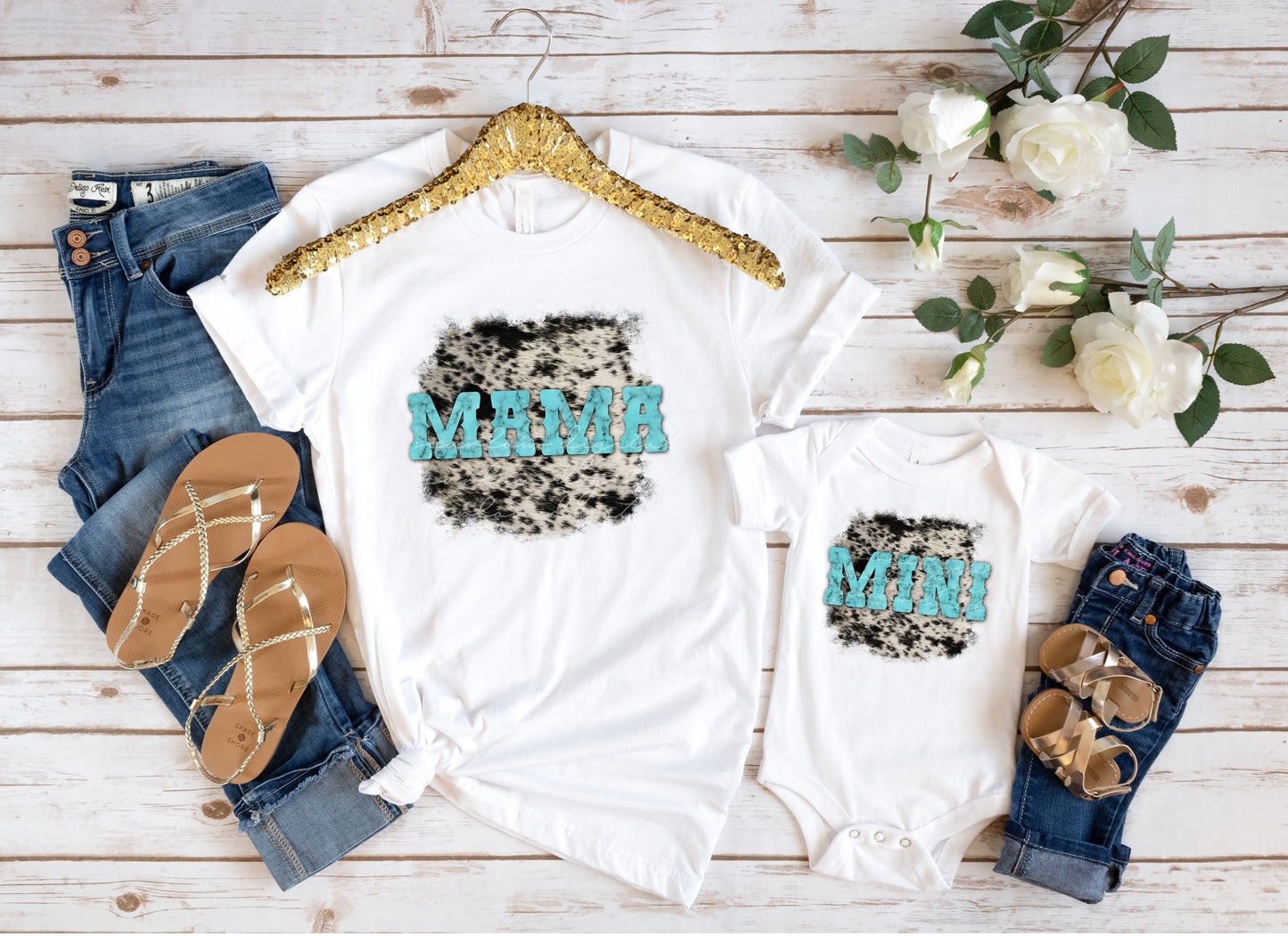 Western Turquoise Cowhide Mama and Mini PNG sublimation design download, western mommy and me PNG designs, cowhide mama png, png for girls