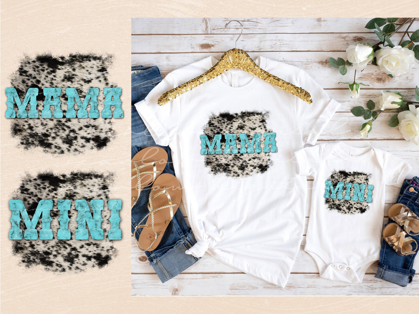 Western Turquoise Cowhide Mama and Mini PNG sublimation design download, western mommy and me PNG designs, cowhide mama png, png for girls