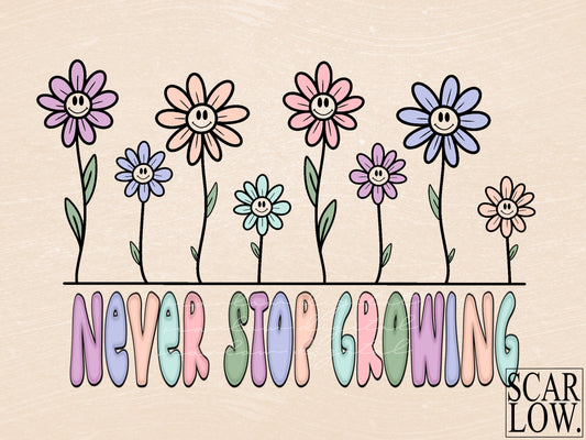 Never Stop Growing Smile Flowers Hippie PNG sublimation Design Download, Hippie flowers png, little girl png, png for girls, hippie babe png