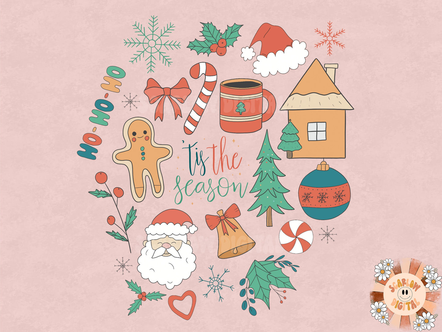 Christmas Doodles PNG Sublimation Design Download-Christmas tree png, Santa Claus png, candy cane png, gingerbread house png, ornament png