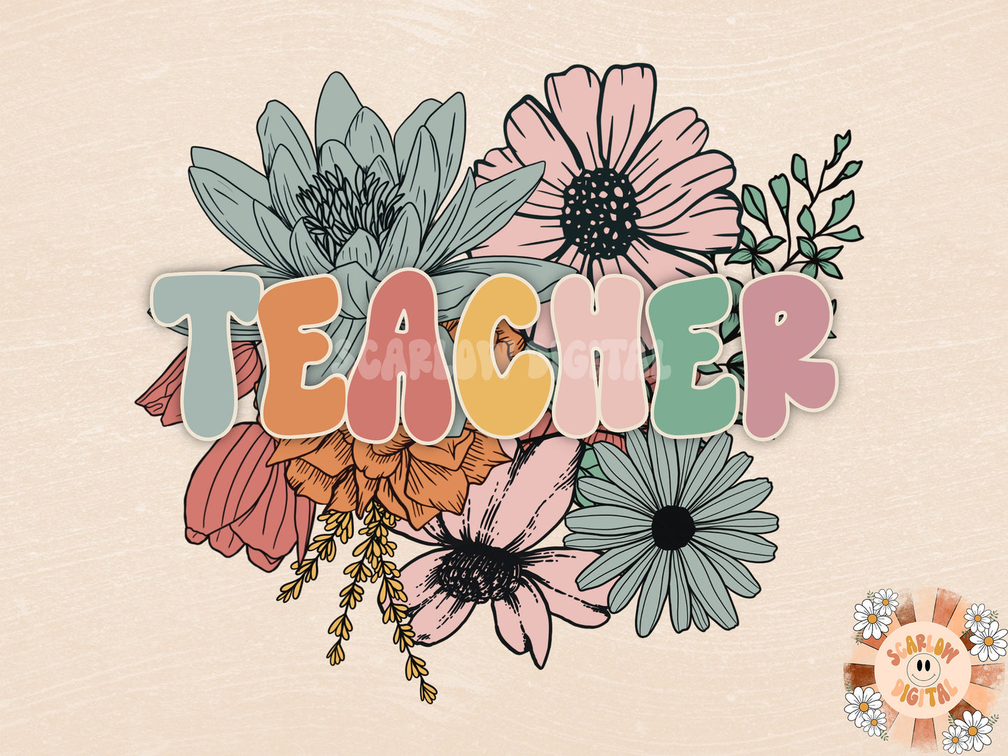 Floral Teacher PNG-Sublimation Design Download-Education png, professor png, retro teacher png, vintage teacher png, teacher vacation png