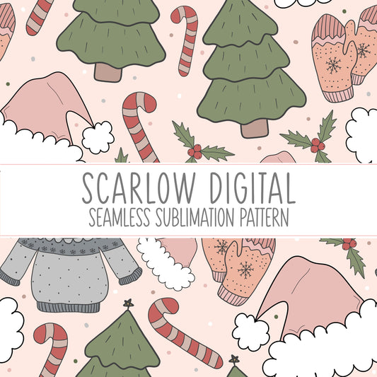 Boho Christmas Seamless Pattern-Sublimation Design Download-christmas tree seamless, santa hat sublimation, candy cane seamless pattern