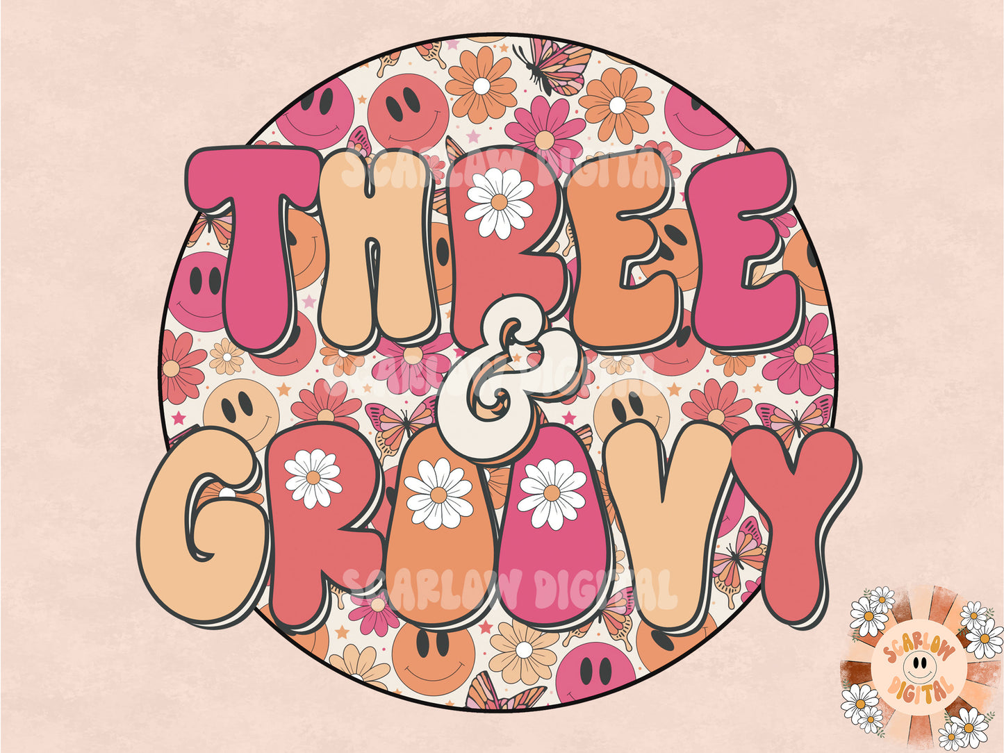 Three and Groovy PNG-3rd Birthday Sublimation Digital Design Download-hippie png, groovy png, retro png, birthday png, 3rd birthday png