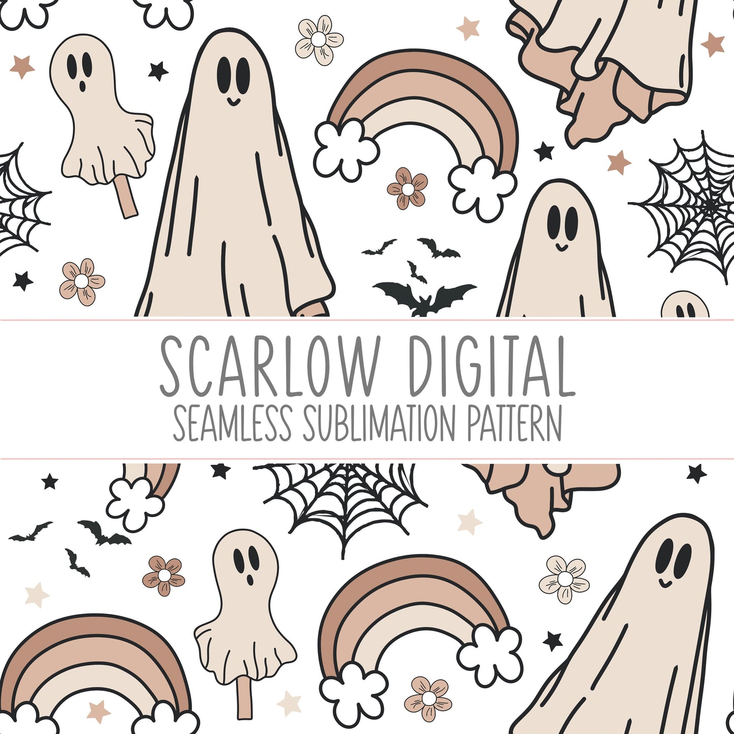 Boho Ghost Seamless Pattern-Halloween Sublimation Digital Design Download-ghost sublimation design, spooky girl seamless pattern design