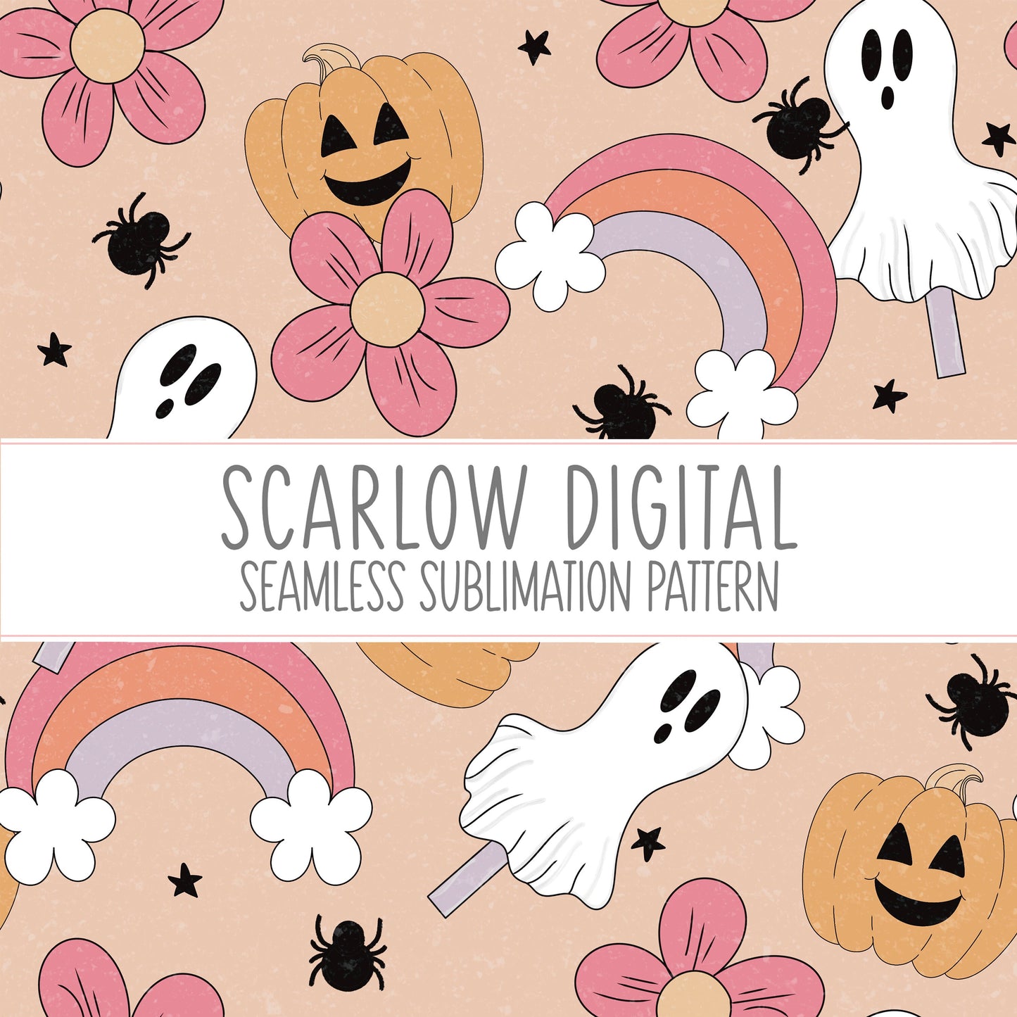 Spooky Doodles Seamless Pattern-Sublimation Digital Design Download-Ghost seamless pattern, boho Halloween sublimation, boho seamless file