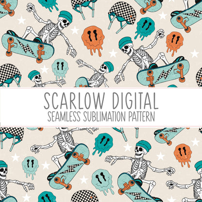 Skater Skeleton Seamless Pattern-Halloween Sublimation Digital Design Download-spooky sublimation, rocker seamless pattern, spooky season