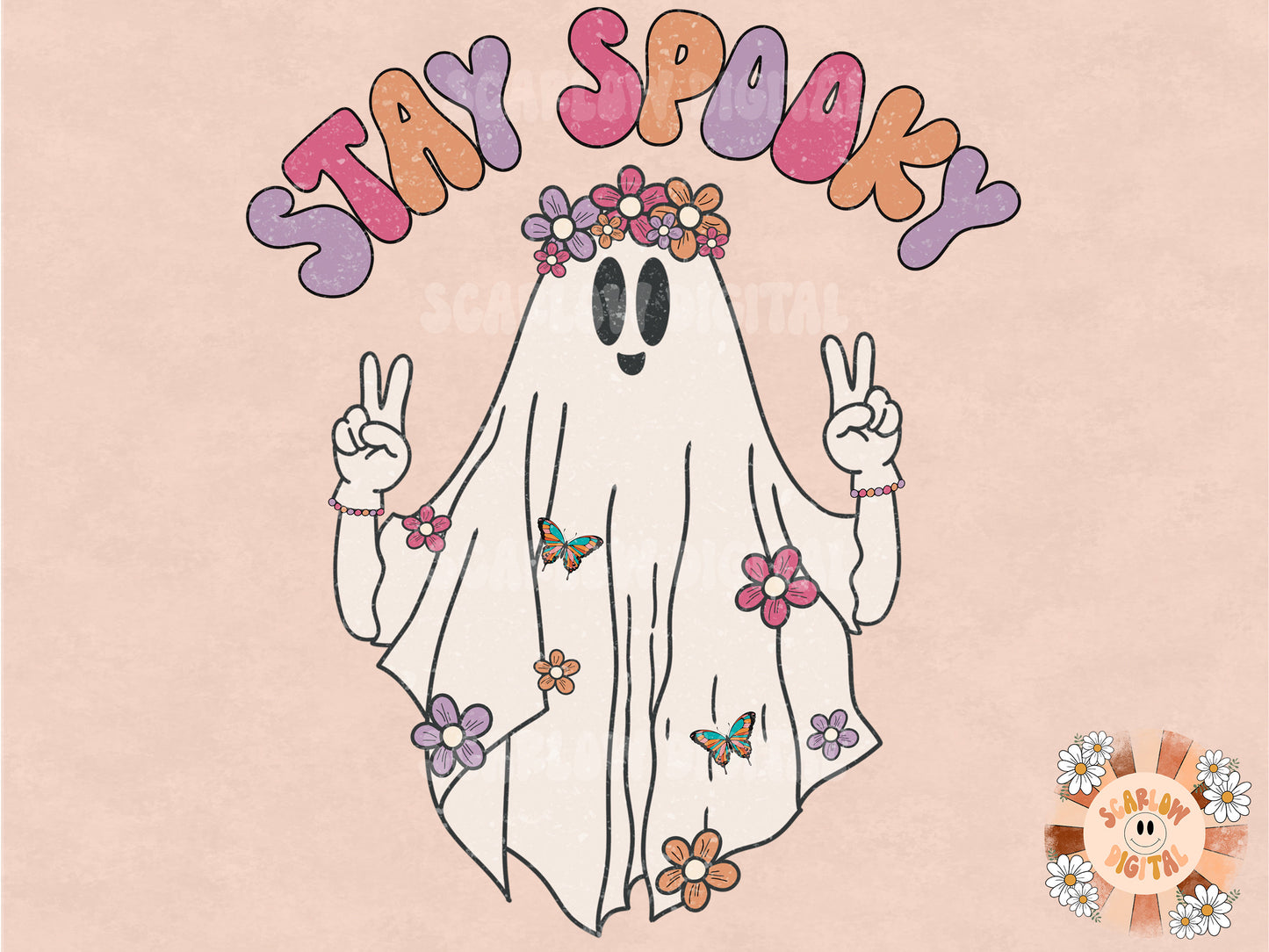 Hippie Stay Spooky PNG-Halloween Sublimation Digital Design Download-ghost sublimation, floral png, hippie png, retro png, boho png design