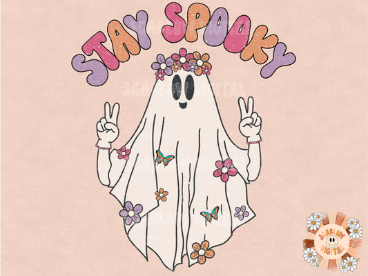 Hippie Stay Spooky PNG-Halloween Sublimation Digital Design Download-ghost sublimation, floral png, hippie png, retro png, boho png design