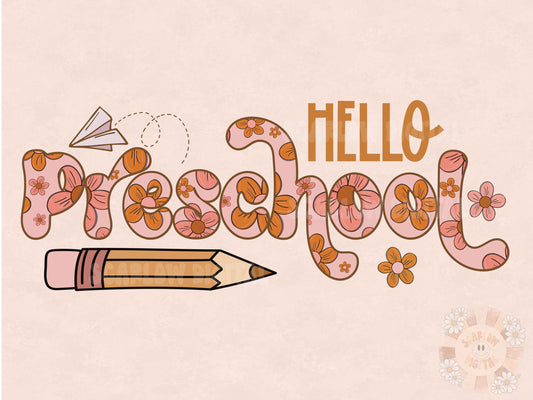 Hello Preschool PNG-Back to School Sublimation Digital Design Download-floral back to school png, school girl png, fall png, boho png
