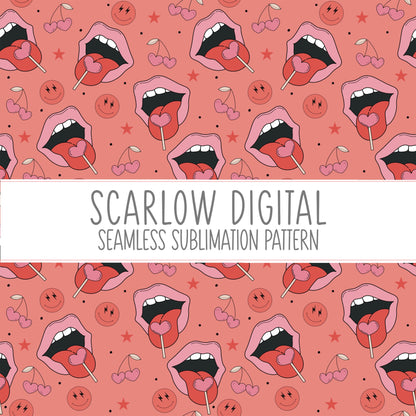 Valentines Day Seamless Pattern Sublimation Digital Design Download, rock tongue seamless pattern, sucker sublimation, cherries seamless