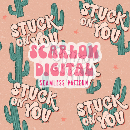 Stuck on You Seamless Pattern-Valentines Day Sublimation Digital Design Download-cactus seamless file, western sublimation, cowboy design