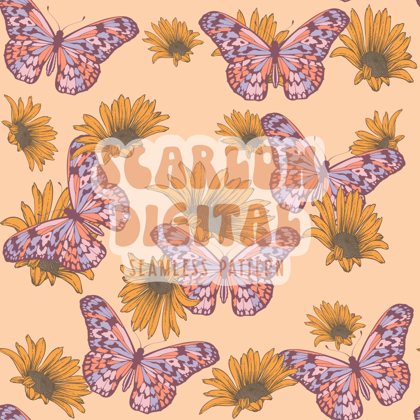 Butterfly Seamless Pattern-Floral Sublimation Digital Design Download-sunflower seamless file, vintage sublimation, groovy seamless file