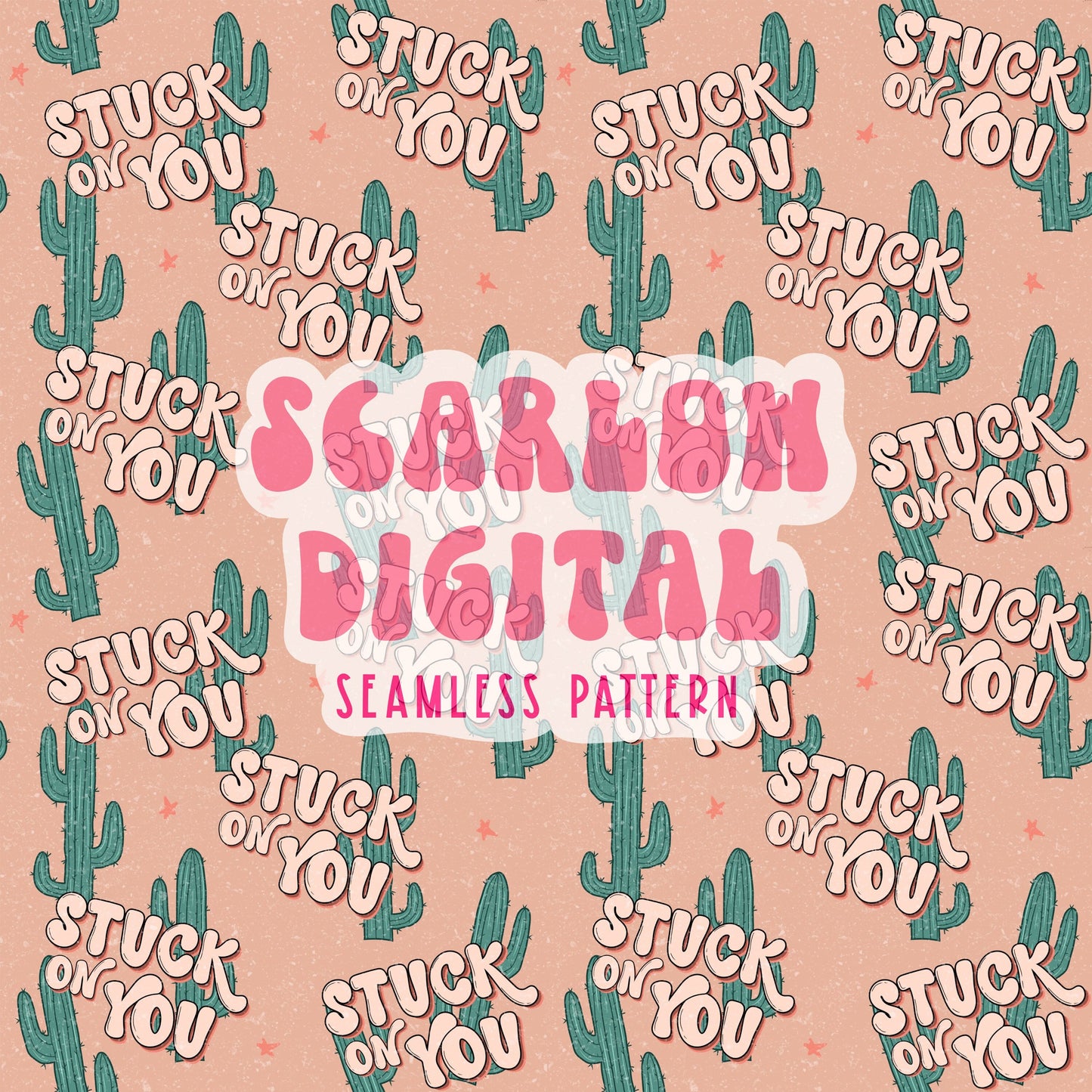 Stuck on You Seamless Pattern-Valentines Day Sublimation Digital Design Download-cactus seamless file, western sublimation, cowboy design