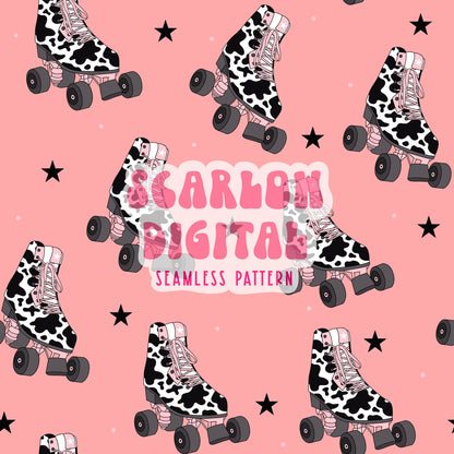 Roller Skate Seamless Pattern-Cowhide Sublimation Digital Design Download-western seamless pattern, skater girl design, groovy seamless file