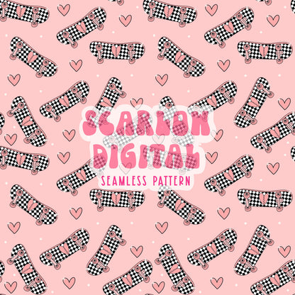 Skateboard Seamless Pattern-Valentines Day Sublimation Digital Design Download-girl seamless pattern, hearts sublimation, xoxo seamless