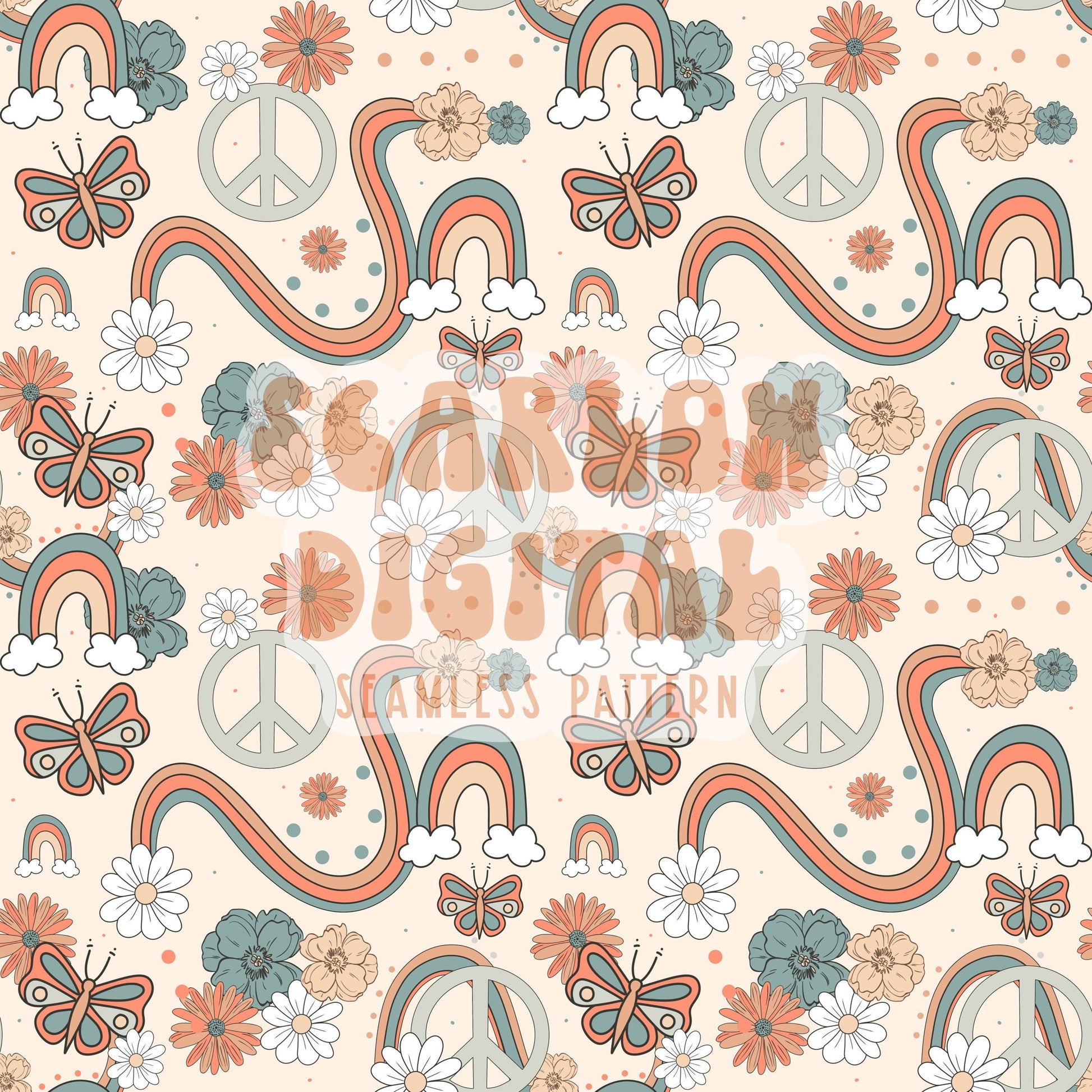 Groovy Seamless Pattern-Peace Sublimation Digital Design Download-floral seamless pattern, peace sign designs, hippie sublimation designs