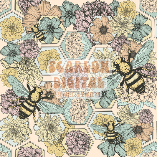 Honey Bee Seamless Pattern-Floral Sublimation Digital Design Download-flowers seamless file, honey sublimation, spring seamless pattern file