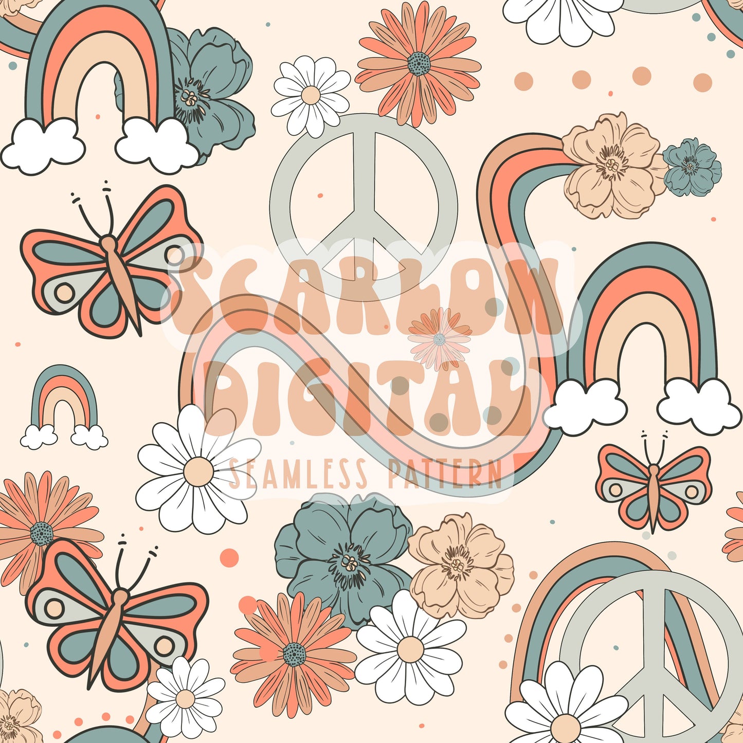 Groovy Seamless Pattern-Peace Sublimation Digital Design Download-floral seamless pattern, peace sign designs, hippie sublimation designs