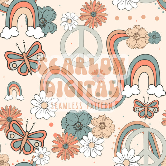 Groovy Seamless Pattern-Peace Sublimation Digital Design Download-floral seamless pattern, peace sign designs, hippie sublimation designs