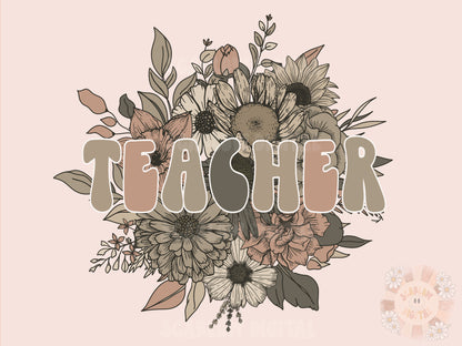 Floral Teacher PNG-Sublimation Design Download-Education png, professor png, retro teacher png, vintage teacher png, teacher vacation png