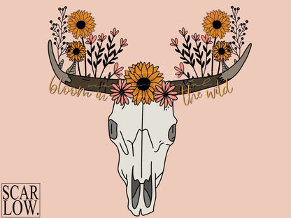 Bloom In The Wild Western Floral Cow Skull PNG sublimation design download, western png, floral png, sunflower png, cow skull png design