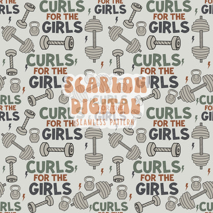 Curls For The Girls Seamless Pattern-Boy Sublimation Digital Design Download-dumbell seamless pattern, gym sublimation, little boy designs