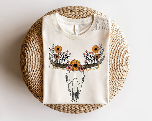 Bloom In The Wild Western Floral Cow Skull PNG sublimation design download, western png, floral png, sunflower png, cow skull png design