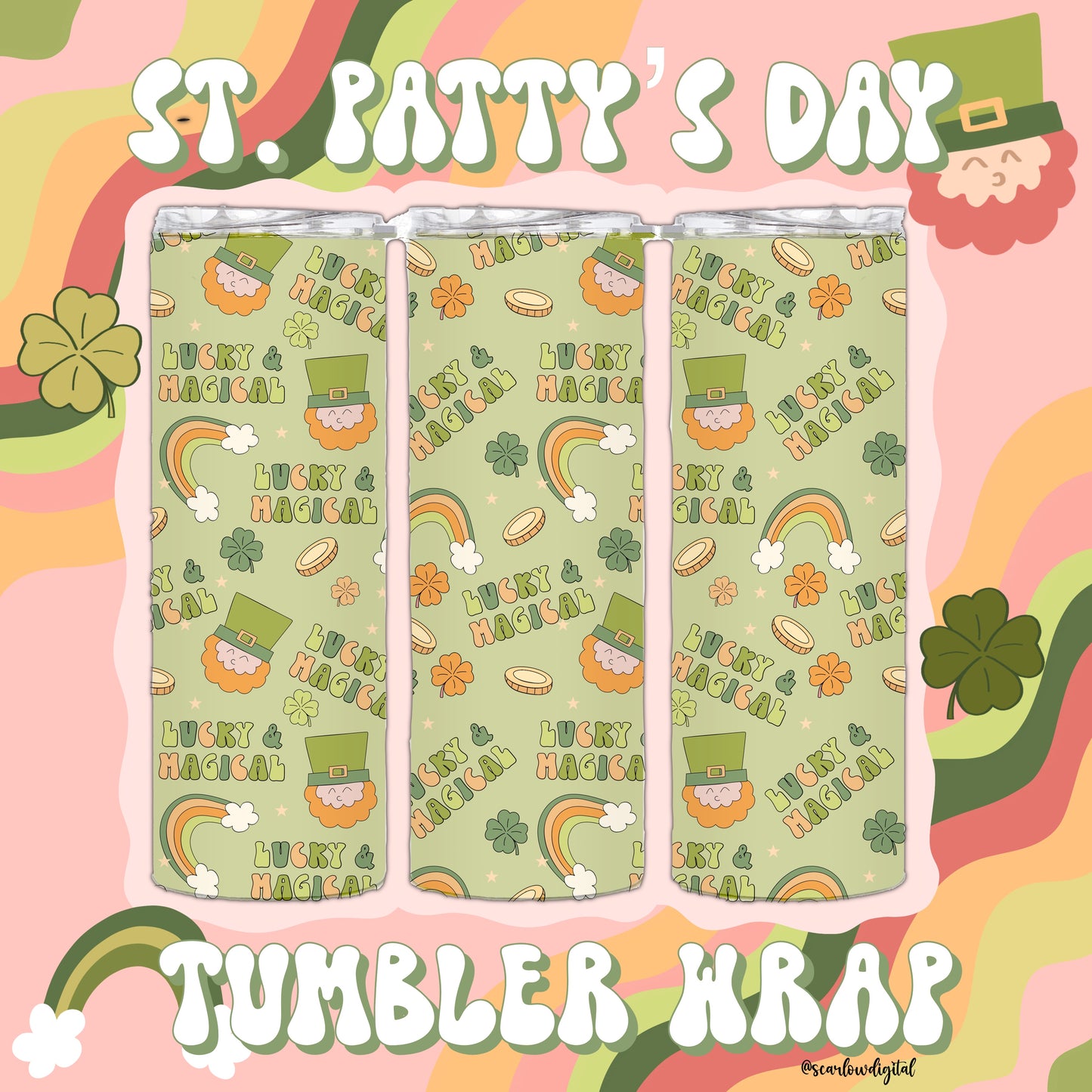 Saint Patrick’s Day Tumbler Wrap-Straight 20 oz. PNG Sublimation Digital Design Download-leprechaun tumbler wrap, rainbow sublimation png